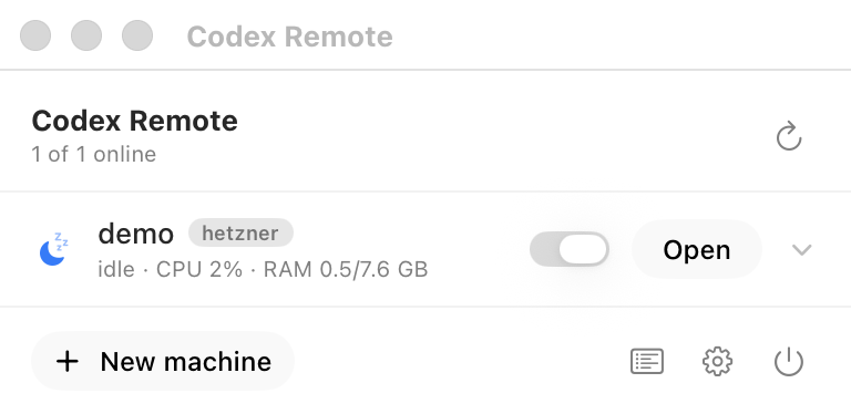 The Codex Remote menu bar panel. One machine named demo on Hetzner shows a blue idle indicator and the line idle, CPU 0 percent, RAM 0.5 of 7.6 GB, beside a power toggle and an Open button.